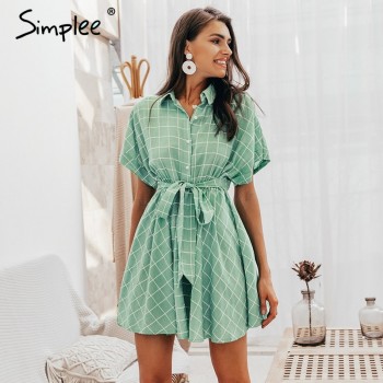 Simplee Elegant plaid sashes women dress Short sleeve A-line casual streetwear female short dress Button summer dress Light Green